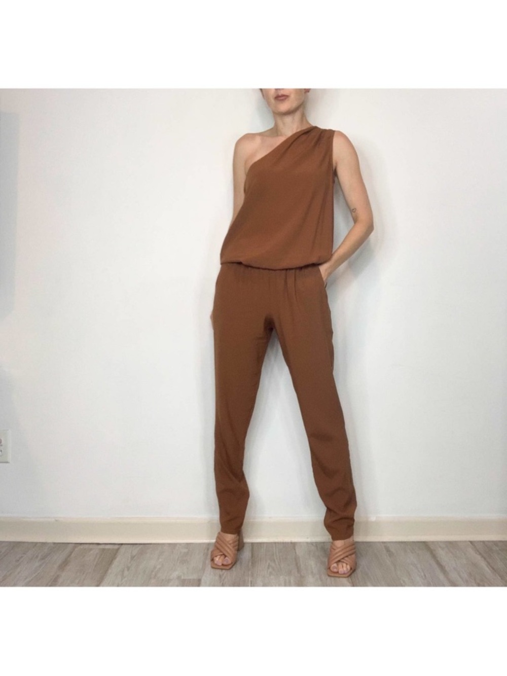 RAMY BROOK Lulu Jumpsuit silk satin copper one shoulder pockets boho flowy M